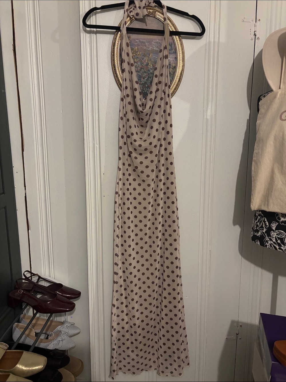 See You Monday Beige Maxi Cowl Neck Dress with Brown Polka Dots